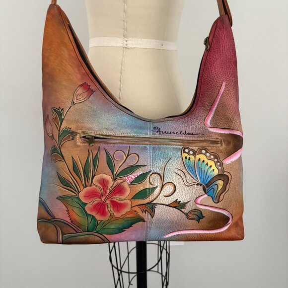 Anuschka Hand Painted Leather Satchel Bag Butterfly Floral Shoulder Bag - Picture 2 of 12